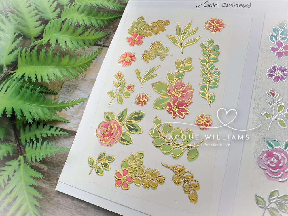 I’ve used the Extraordinary Flora washi tape, but here’s the twist: I’ve gold heat-embossed right over the washi tape for a luxurious touch. The Extraordinary Flora stamp is designed to line up perfectly with the washi images, and the coordinating die cuts out all the elements in one go—easy, fast, and fabulous!