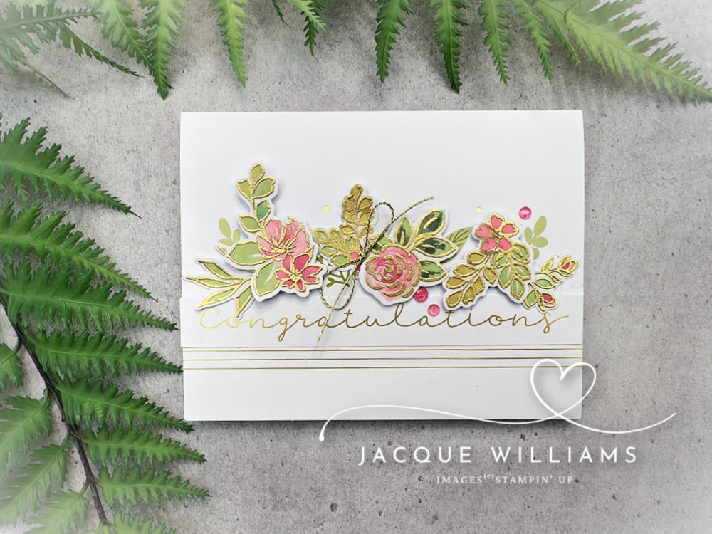 I’ve used the Extraordinary Flora washi tape, but here’s the twist: I’ve gold heat-embossed right over the washi tape for a luxurious touch. The Extraordinary Flora stamp is designed to line up perfectly with the washi images, and the coordinating die cuts out all the elements in one go—easy, fast, and fabulous!