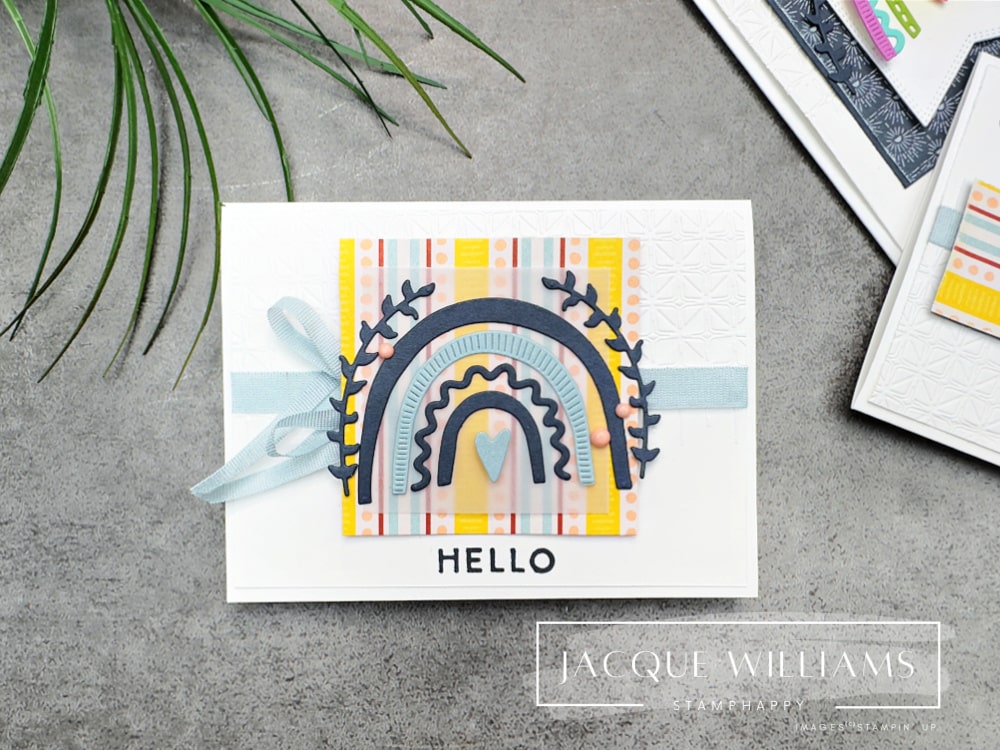 Here’s a fun twist on last week’s 6x6 One Sheet Wonder – Squares! This time I’m using the Boho Vibes papers and those quirky-cute rainbow dies from the Sunshine Vibes suite.