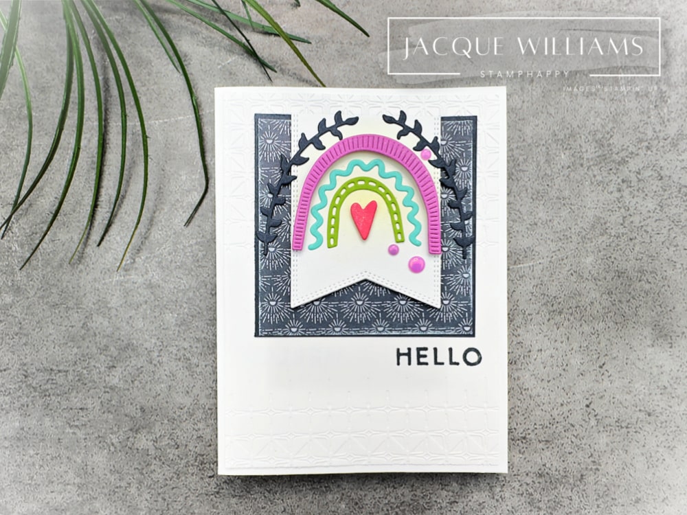 Here’s a fun twist on last week’s 6x6 One Sheet Wonder – Squares! This time I’m using the Boho Vibes papers and those quirky-cute rainbow dies from the Sunshine Vibes suite.