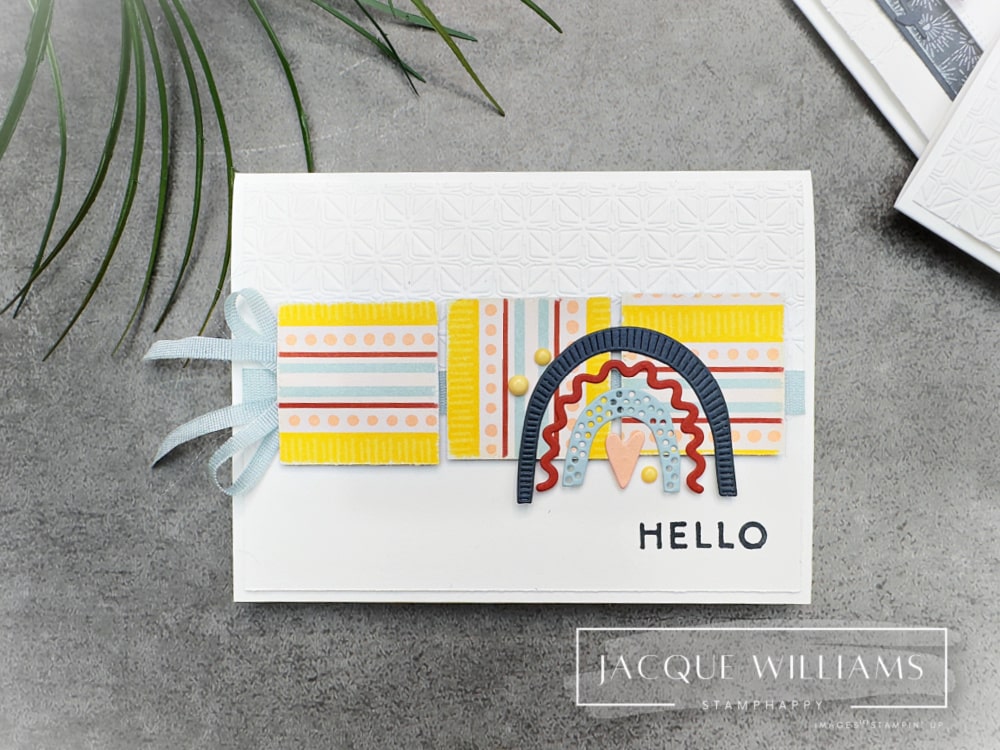Here’s a fun twist on last week’s 6x6 One Sheet Wonder – Squares! This time I’m using the Boho Vibes papers and those quirky-cute rainbow dies from the Sunshine Vibes suite.