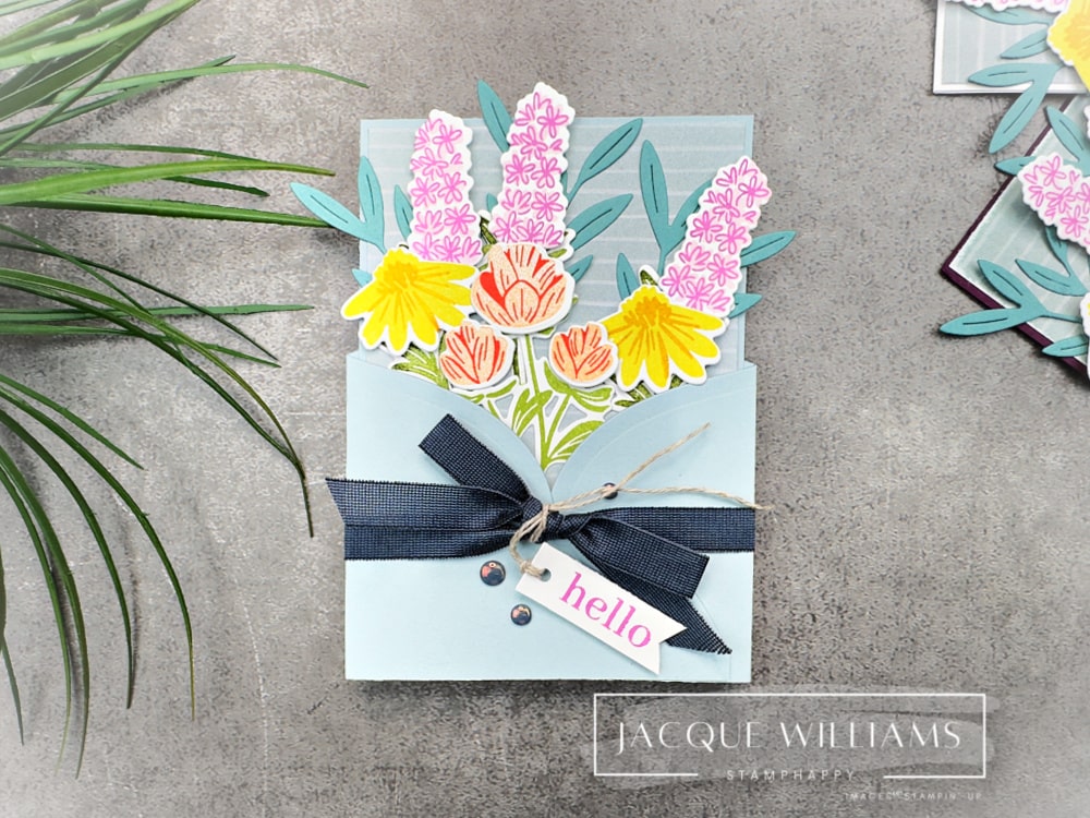 Use the Pretty Florals stamp and die set for a Faux Envelope card!  Bursting with flowers, this is sure to make someone's day! using Stampin' Up! products with Jacque Williams in New Zealand