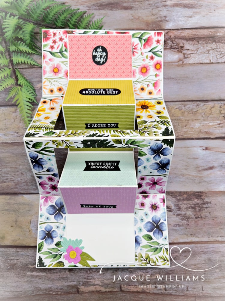 Today's share is another version of the interlocking accordion fun fold card, this time in a different size and orientation. I've used the Impression Abloom paper pack, one that I think is so fun with it's rainbow cascade of flowers! 