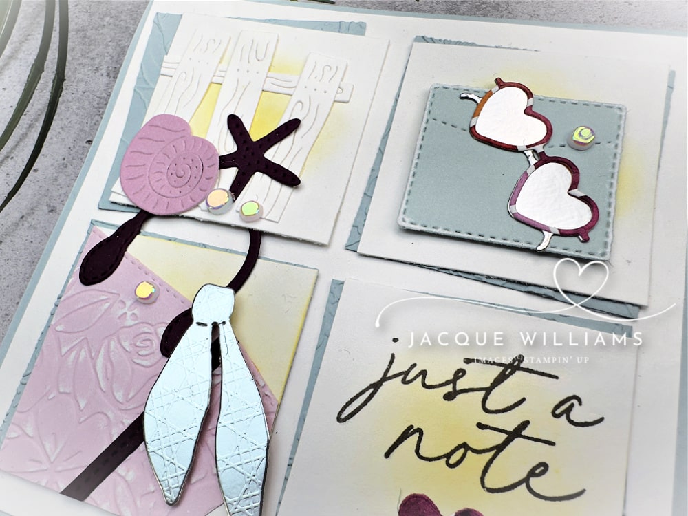 Use all the gorgeous details from the Notes and Totes bundle to make this adorable sampler card.  with Jacque Williams - New Zealand