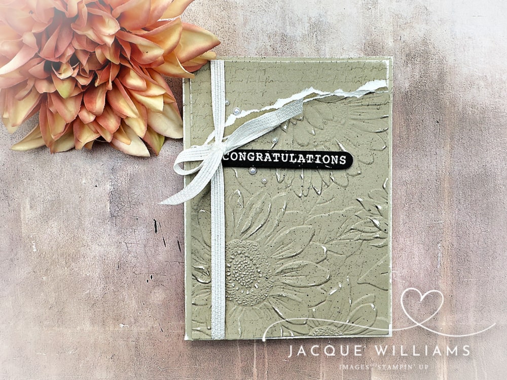 Beautiful monochromatic card with Sunflower Embossing Folder and the Elements of Text stamp set.  Create muliple layers of interest easily.  New Zealand Stampin' Up! classes.  
