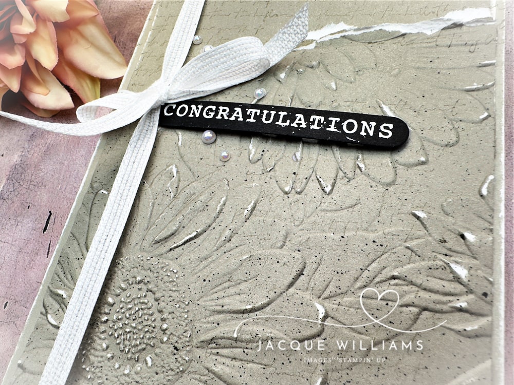 Beautiful monochromatic card with Sunflower Embossing Folder and the Elements of Text stamp set.  Create muliple layers of interest easily.  New Zealand Stampin' Up! classes.  